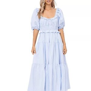 En Saison Poplin Puff-Sleeve Tiered Midi Dress